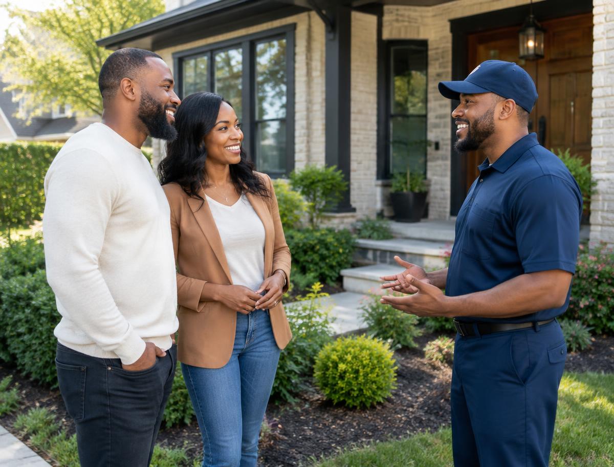 Happy homeowners speaking with their Ironclad lawn specialist